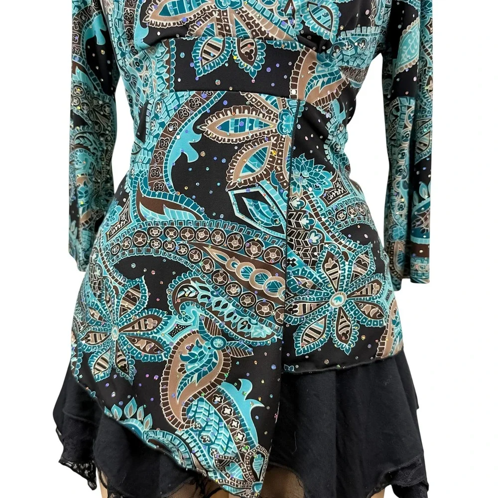 90s Retro Sequin Teal Paisley Wrap Top Asymmetrical Hem 80s Glamoratti Size M - Picture 5 of 8